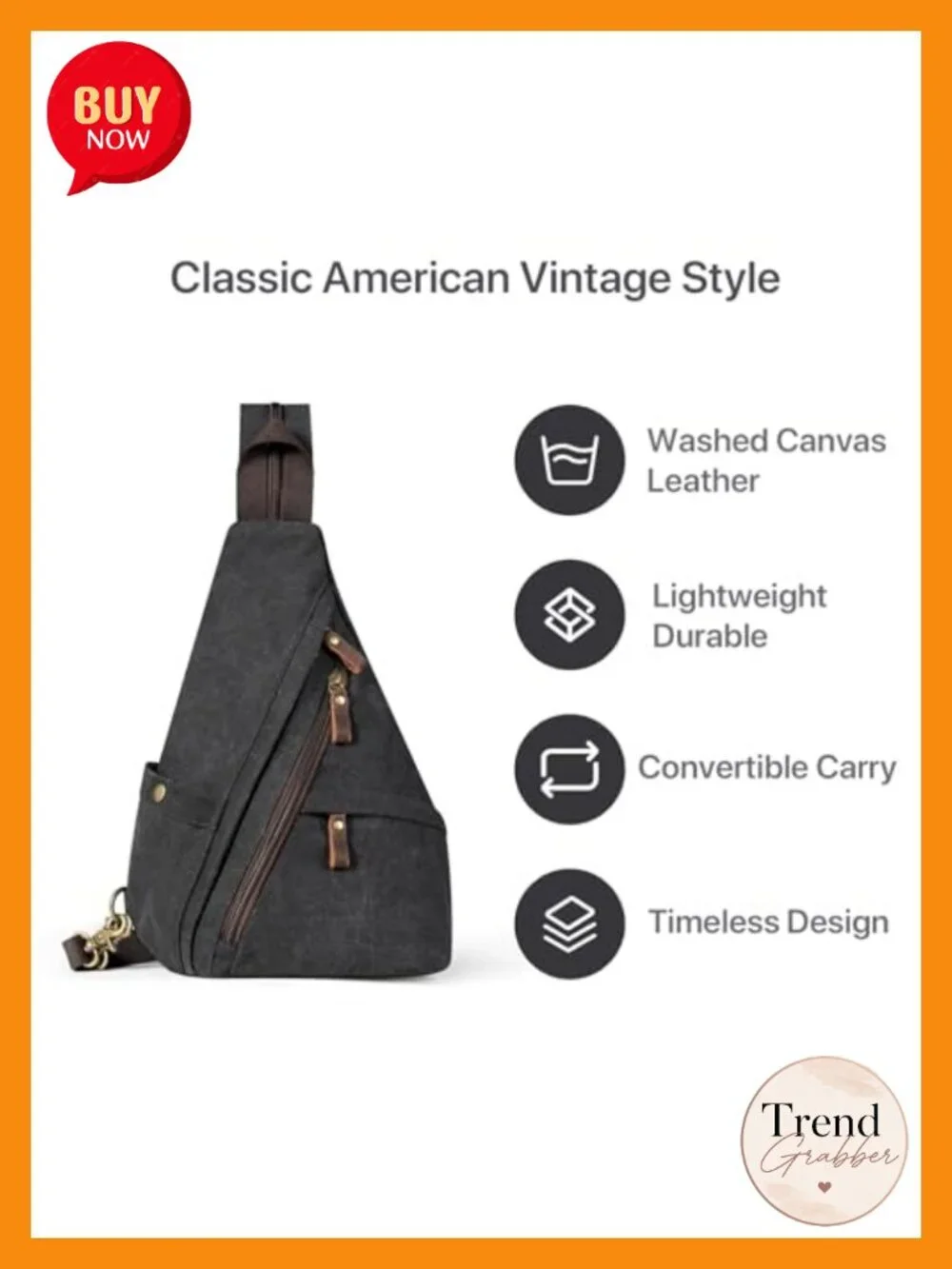 Canvas Sling Bag 3-in-1 Crossbody Backpack Chest Bag Leather Zipper Daypack